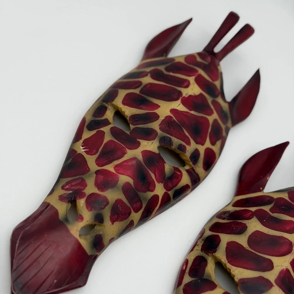Vintage African Inspired Giraffe Mask Wall Decor Set of 2 Burgundy Animal Print